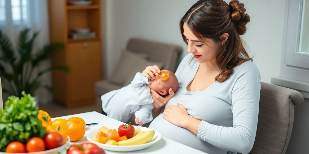 New mother with baby and healthy food, postpartum wellness.