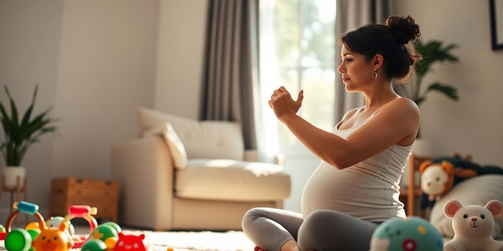 New mom exercising at home with baby toys nearby.