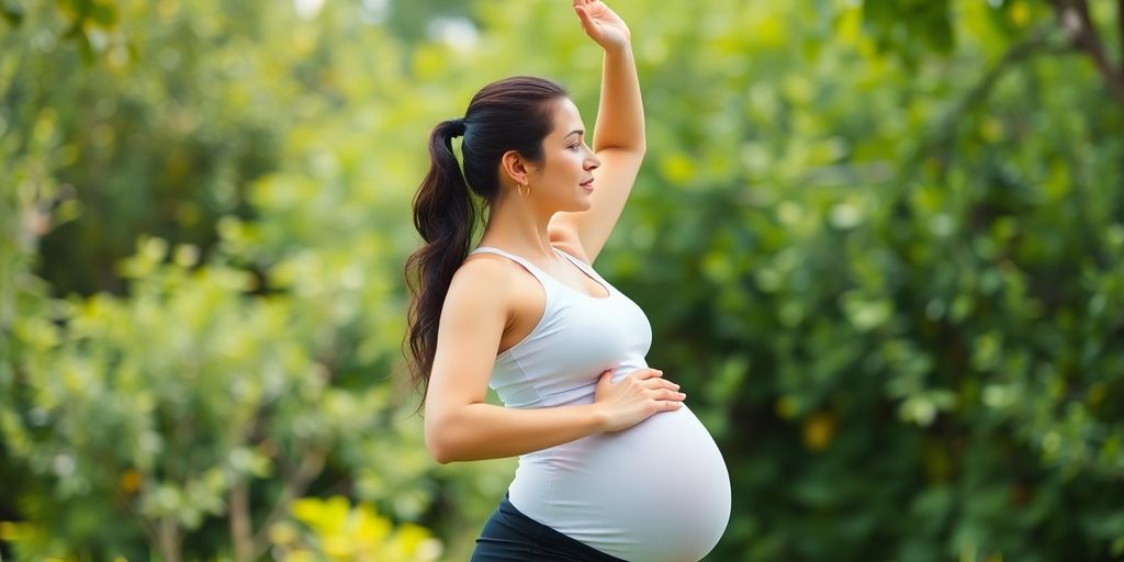 Woman practicing yoga in nature after pregnancy.