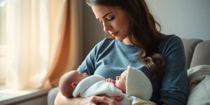 A mother holding her baby in a cozy room.