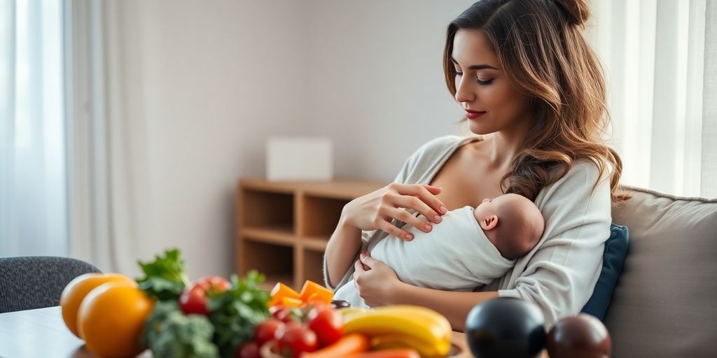 New mom relaxing with baby and healthy foods.