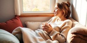 New mom relaxing with tea in a cozy setting.