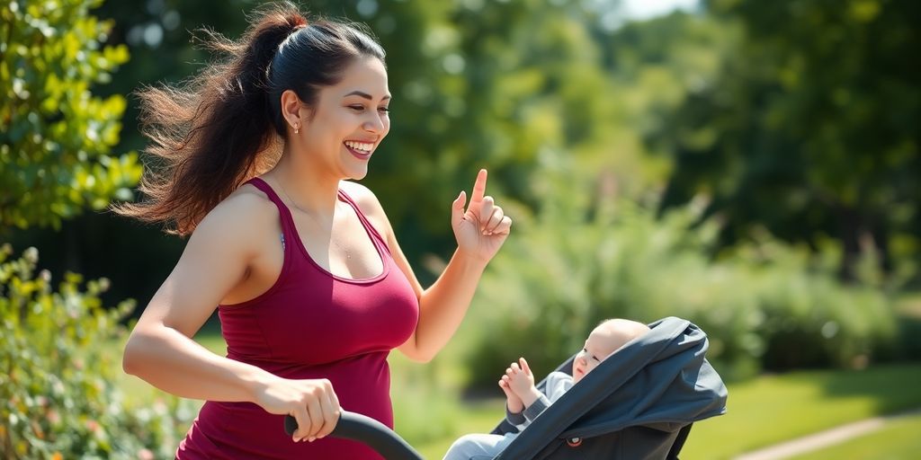 New mom exercising with stroller in a sunny park.