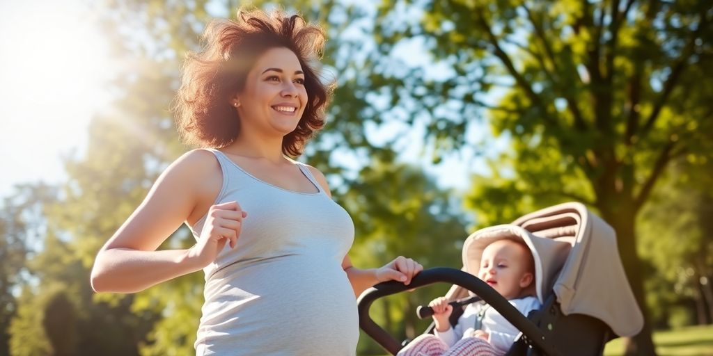 Mother exercising outdoors with baby stroller in sunlight.