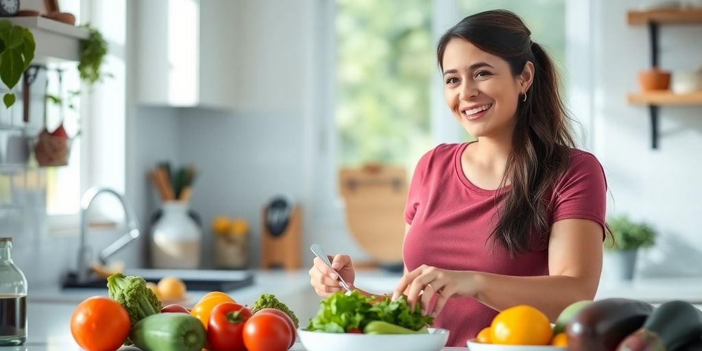 New mom cooking healthy meal in a bright kitchen.