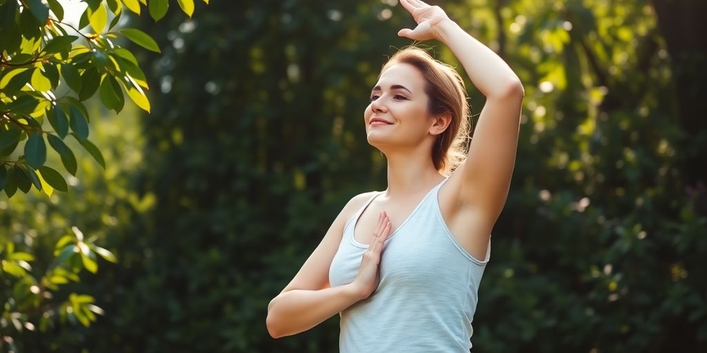 Mother practicing yoga in a tranquil outdoor setting.