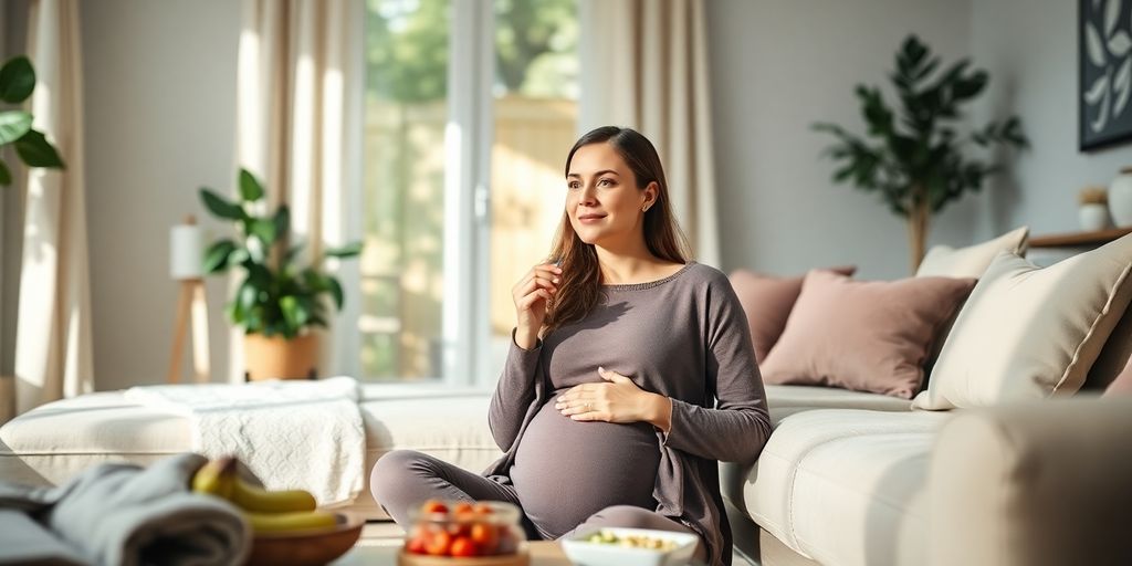 Woman enjoying healthy snacks at home after pregnancy.