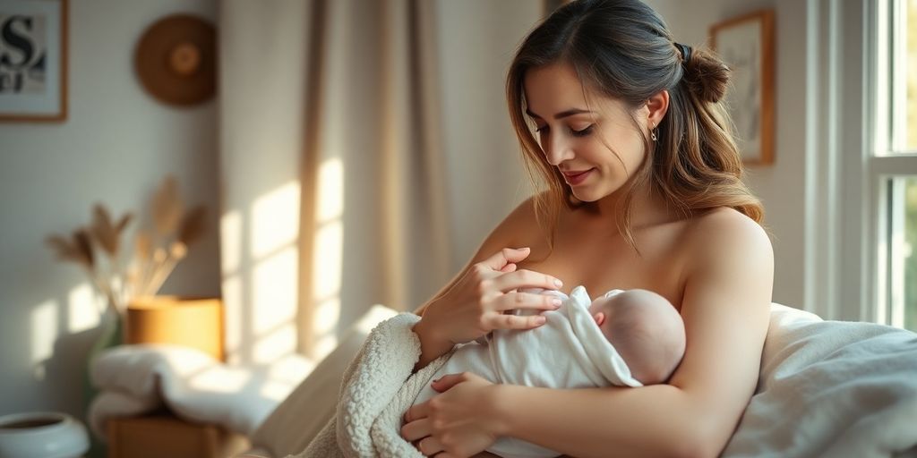 Mother and baby in a calm, cozy room.