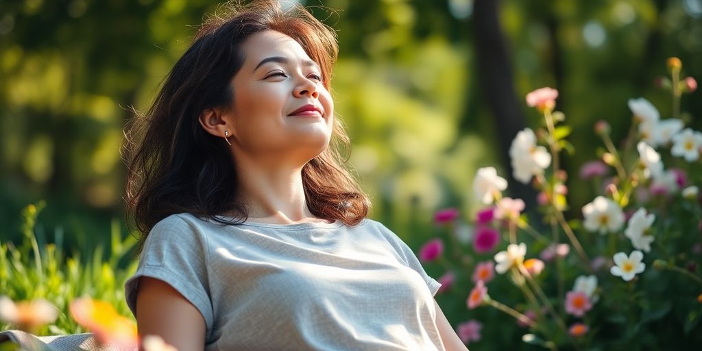 Relaxed mom in nature with greenery and sunlight.