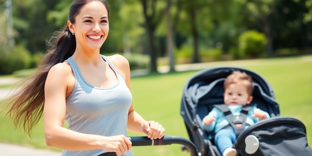 New mom exercising outdoors with baby in stroller.