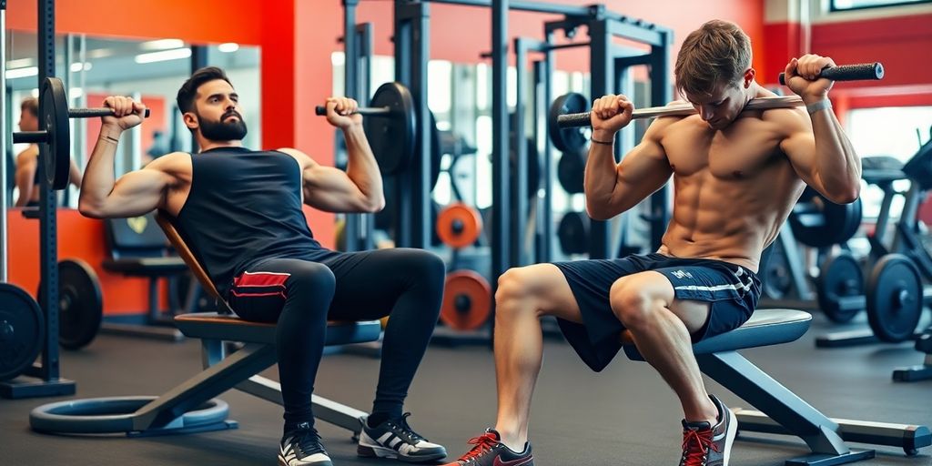 Athletes training opposing muscles in a gym setting.