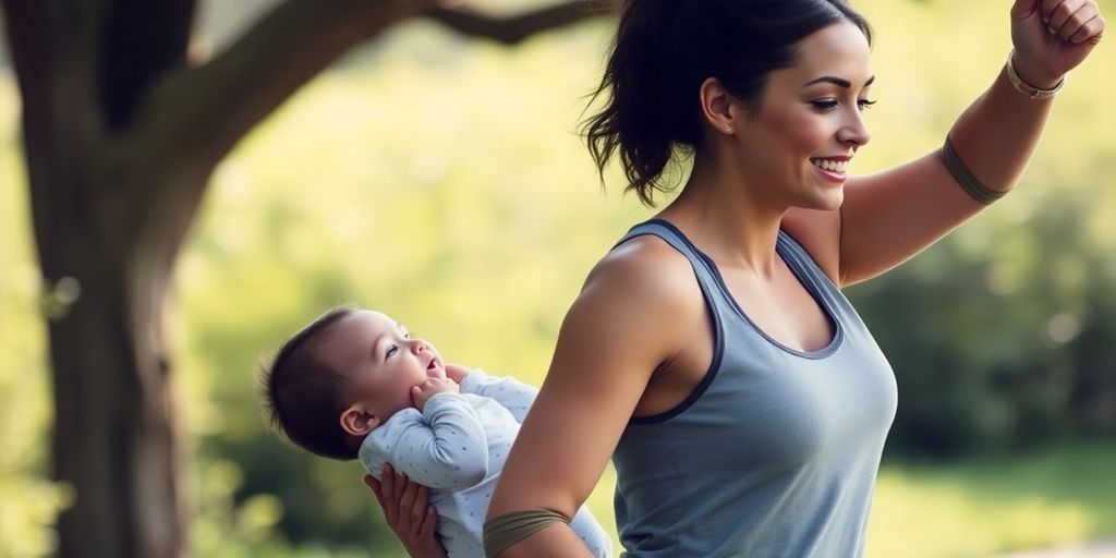 New mom exercising outdoors with her baby in a park.