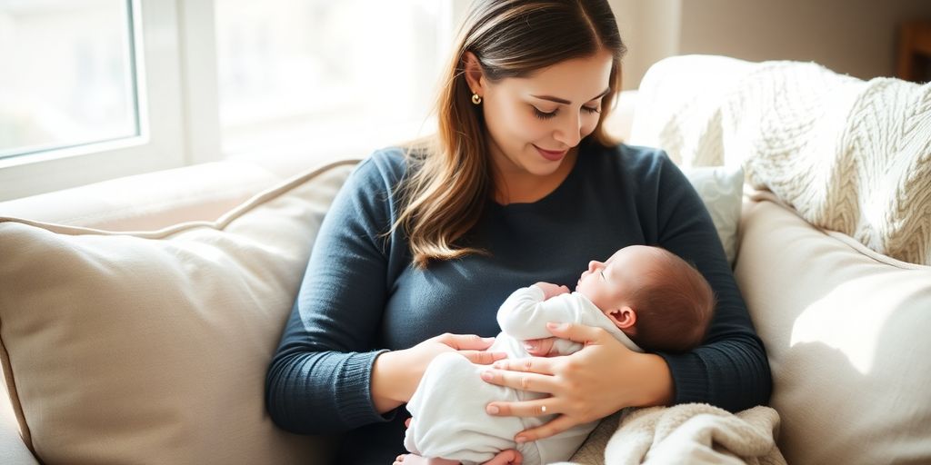 Mother and baby in a cozy postpartum setting.